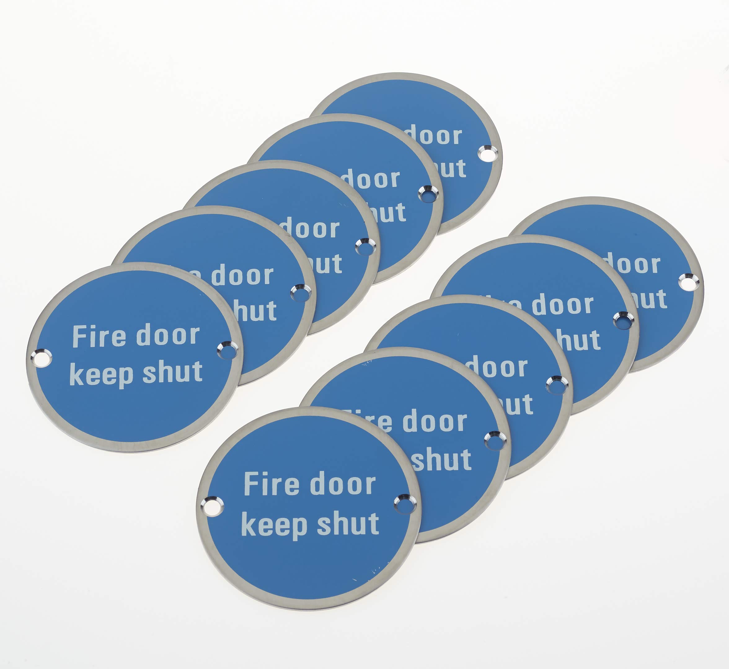 Fire Door Keep Shut - Safety Sign Metal Stainless Round 76x1.5mm Disc with 2 Screws, Pack of 10 (10)
