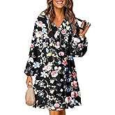 Dokotoo Spring Dresses for Women 2026 Boho Floral V Neck Long Sleeve Smocked Elastic Waist Casual A-Line Mini Dress Sundress