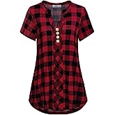 MOQIVGI Womens Notch Neck Short Sleeve Plaid Shirts Checkered Blouse Tops