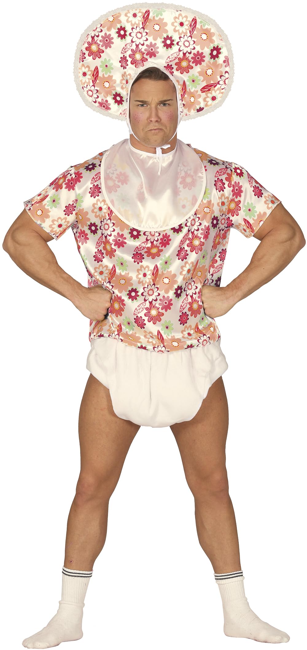 FIESTAS GUIRCA | Adult Baby Fancy Dress (42-44/L) - Bib, Shirt, Bonnet and Nappy - Stag Do, Fancy Dress Parties and Celebrations - Ideal for Adult Men - White and Multicolour