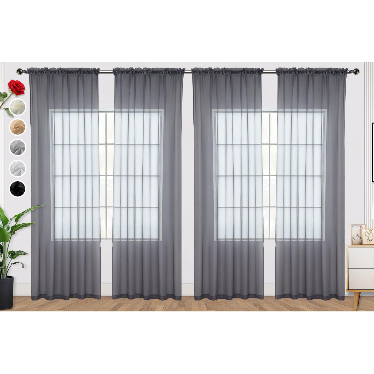SpaceDresser Grey Sheer Curtains 4 Panels Rod Pocket Semi-Sheer Curtain 96 Inches Long Light Filtering Voile Window Drapes for Bedroom Living Room Kitchen, Each 52W x 96L Image