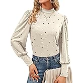 Qirno Womens Mock Neck Puff Long Sleeve Tops Casual Loose Solid Basic T Shirt Button Cuffs Pullovers Shirts Blouse