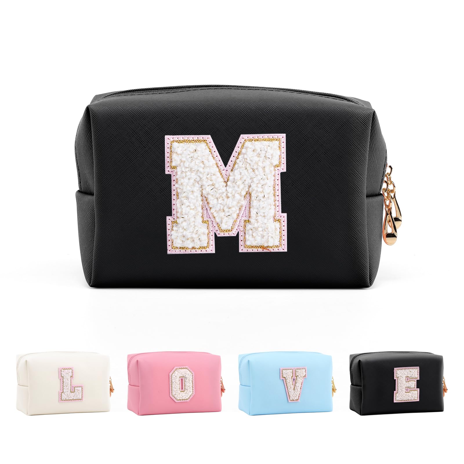 Anntry Small Personalized Initial Letter Makeup Bag, Cute Waterproof PU Leather Chenille Letter Cosmetic Bag Travel Makeup Bag, Preppy Makeup Pouch Toiletry Zipper Pouch Organizer for Women and Girls