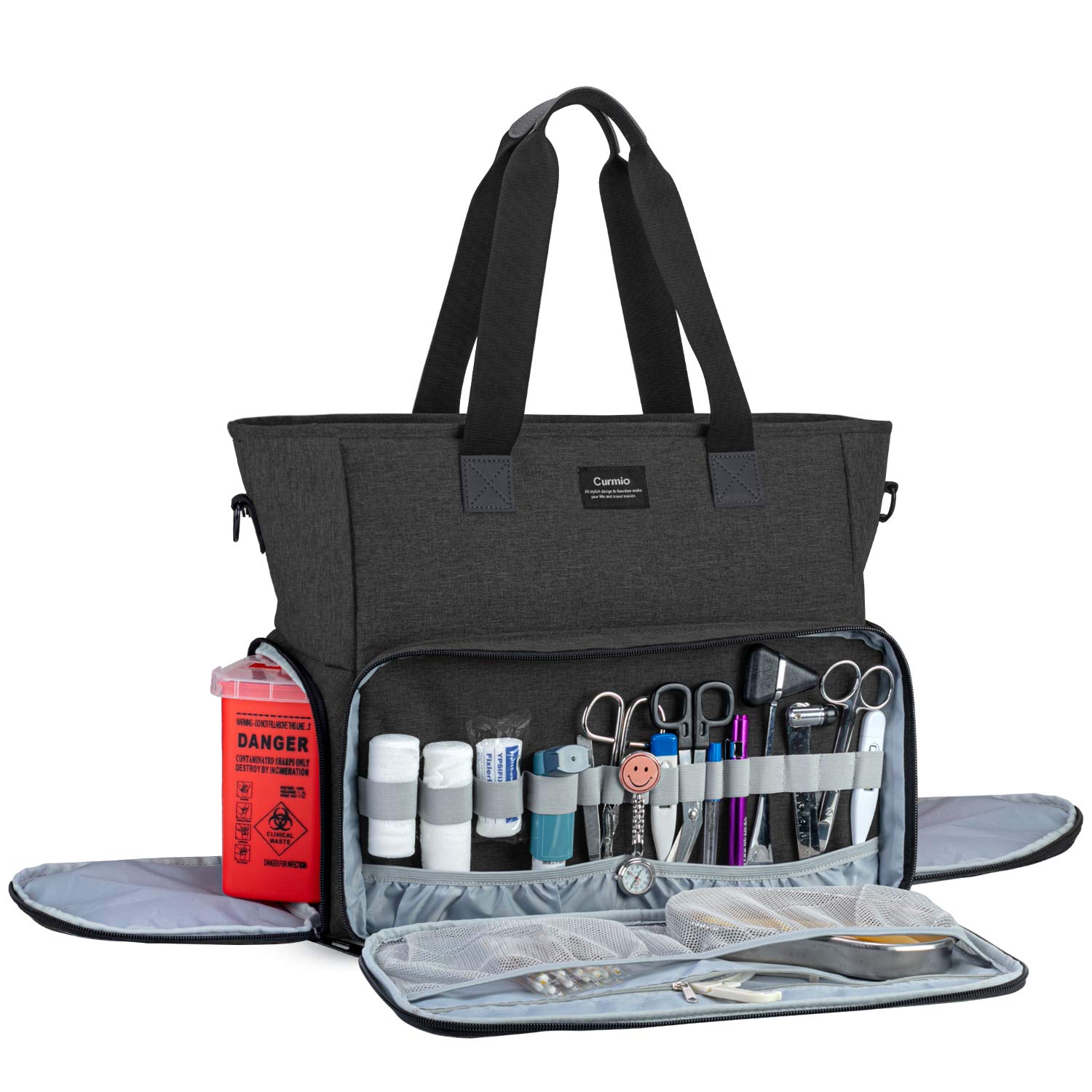 CURMIO Nurse Bag and Tote with Padded Laptop Sleeve, Medical Supplies Bag for Home Visits, Health Care, Hospice, Suitable for Nursing Students, Medical Assistant, Visiting Nurses, Bag ONLY, Black