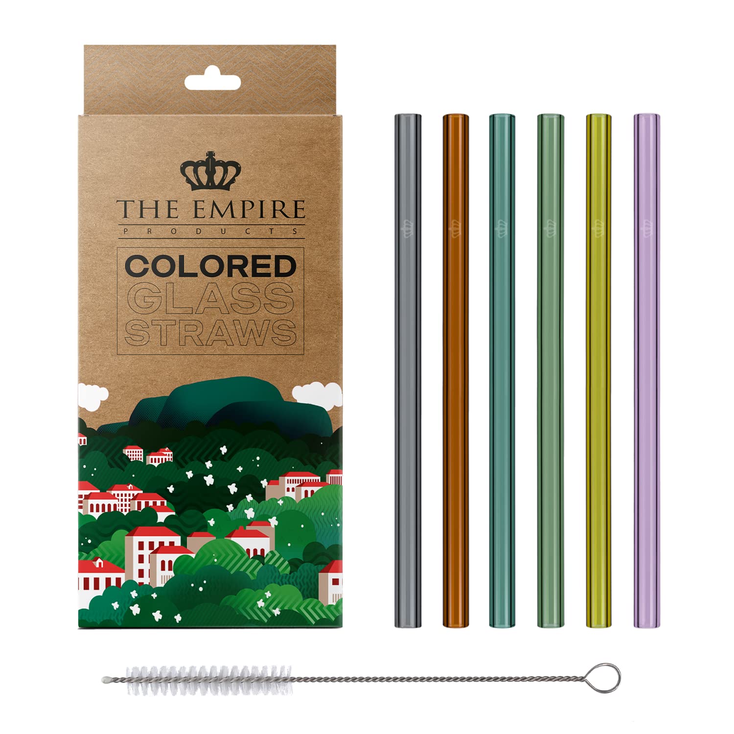The Empire Products® [+ eBook] Reusable Premium Glass Straws with Cleaning Brush – Glass Drinking Straws Colourful Straight Set of 6 – 20 cm Long – 8 mm Diameter (20 cm Straight)