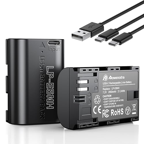 thumbnail image 2 of Canon Lp-e6nh Battery Cannon Battery Charger Powerextra LP-E6NH Battery Compatible With Canon EOS R7 R6 R5 60D 70D 80D 90D 5D 5Ds 6D 7D Mark II III IV Camer, 2-Pack 2950mAh Type-C 2 of 14
