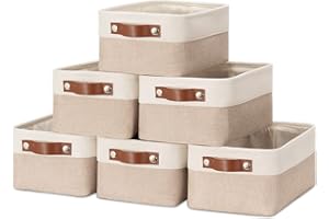 HNZIGE Small Fabric Baskets for Organizing(6 pack) Collapsible Storage Baskets for Shelves, Closets, Laundry, Nursery, Decorative Baskets for Gifts Empty (White&Khaki, 11.8" x 7.8" x 5.1")