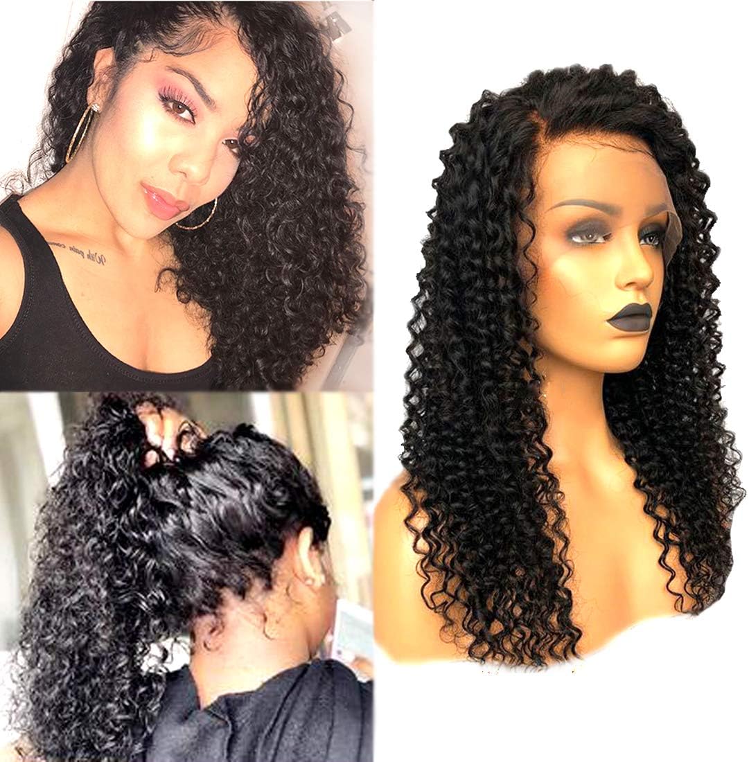 Giannay Hair Deep Curly Synthetic Lace Front Wigs Part Handmade Glueless Long Wig High Temperature Heat Resistant Fiber Wigs with Baby Hair Black Color for Women 22 Inch (includes pair of eyelashes)