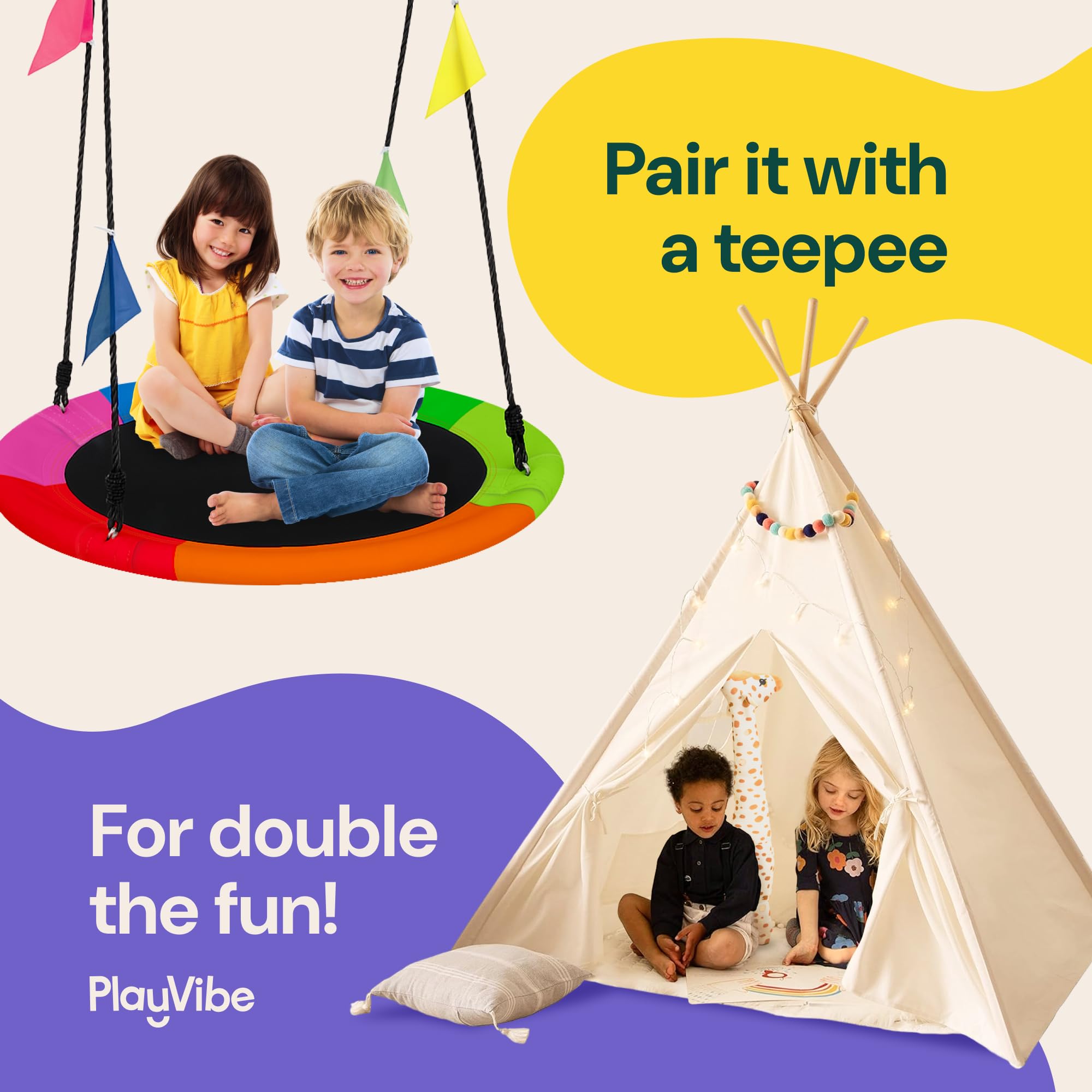 PLAYVIBE 40-Inch Saucer Swing for Kids Outdoor - Multicolor Tree Swing - 440lb Capacity - 600D Oxford Waterproof Fabric & Hanging Straps - Kids Outdoor Toys