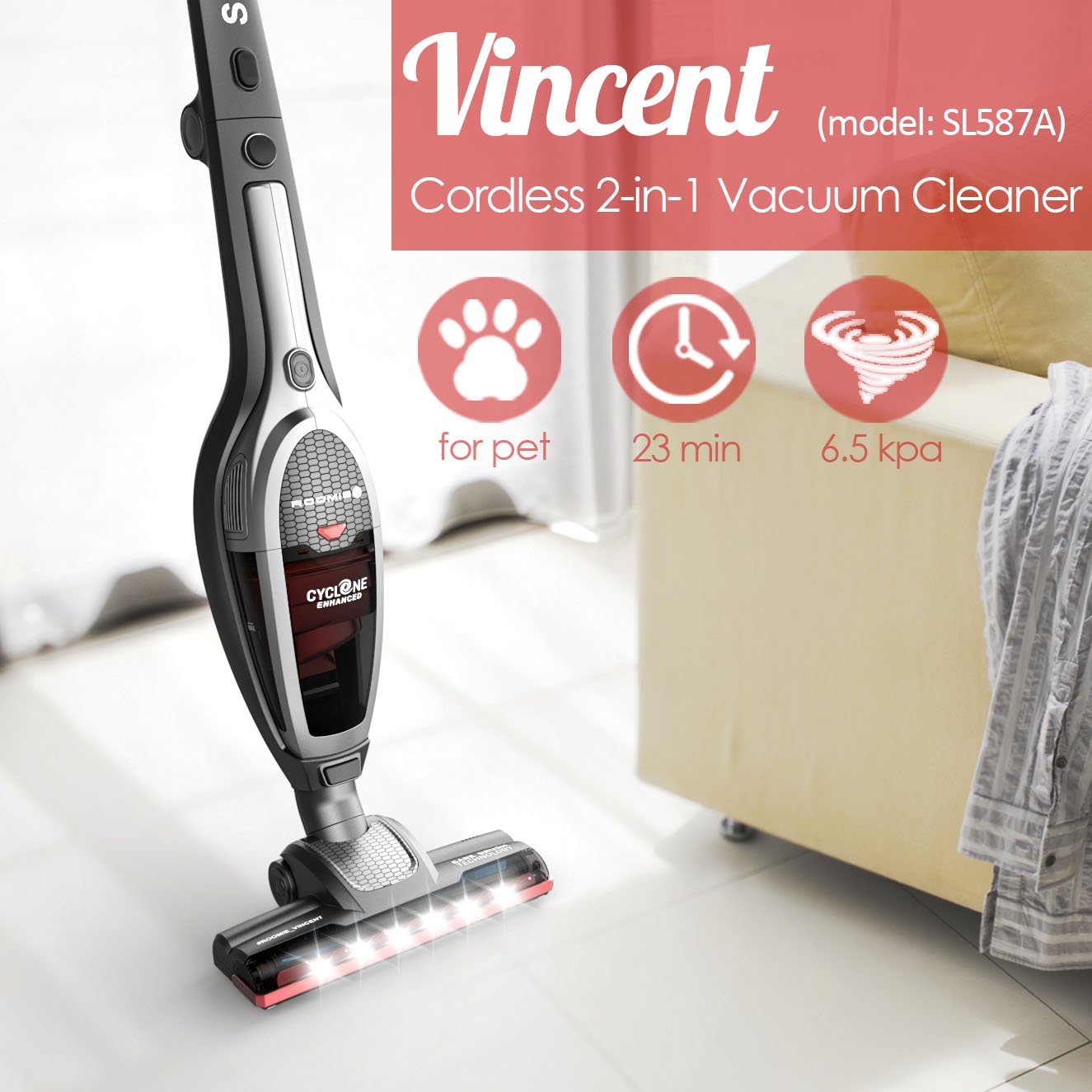 ROOMIE TEC Cordless Vacuum Cleaner, 2 in 1 Handheld Vacuum, HighPower