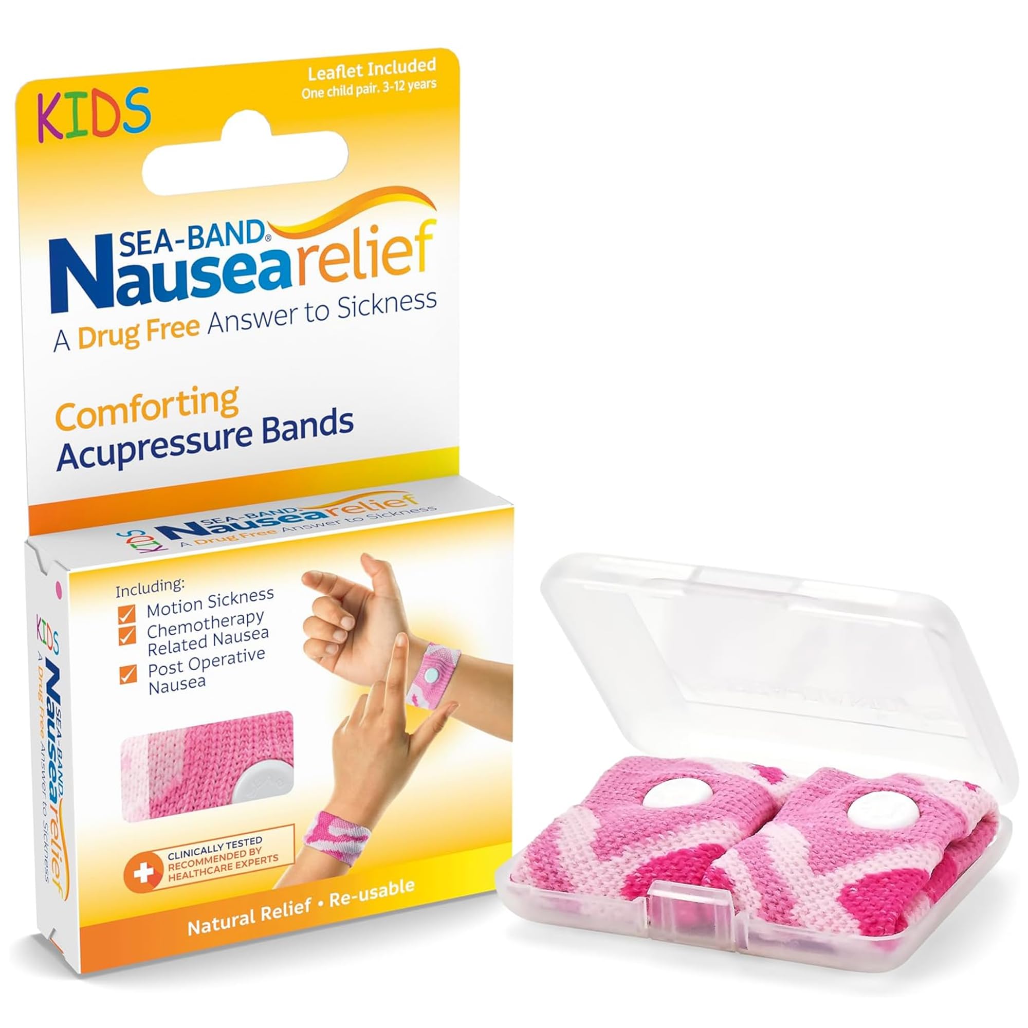 Sea-Band Travel & Motion Sickness and Nausea Relief Acupressure Wristband - Kids (Pink), 1 Pair