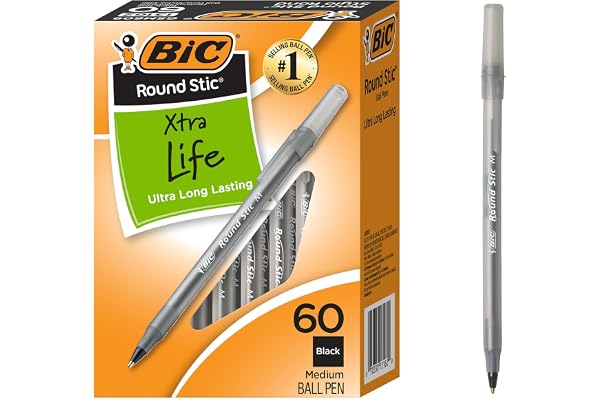BIC Round Stic Extra Life Ballpoint Pens, School Supplies for Teachers and Students, 60-Count in Black