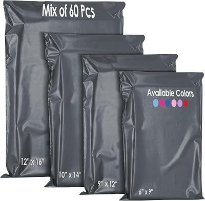 YUNJU 60 Mixed Mailing Bags Self-Seal Grey 55mu 6x9 9x12 10x14 12x16