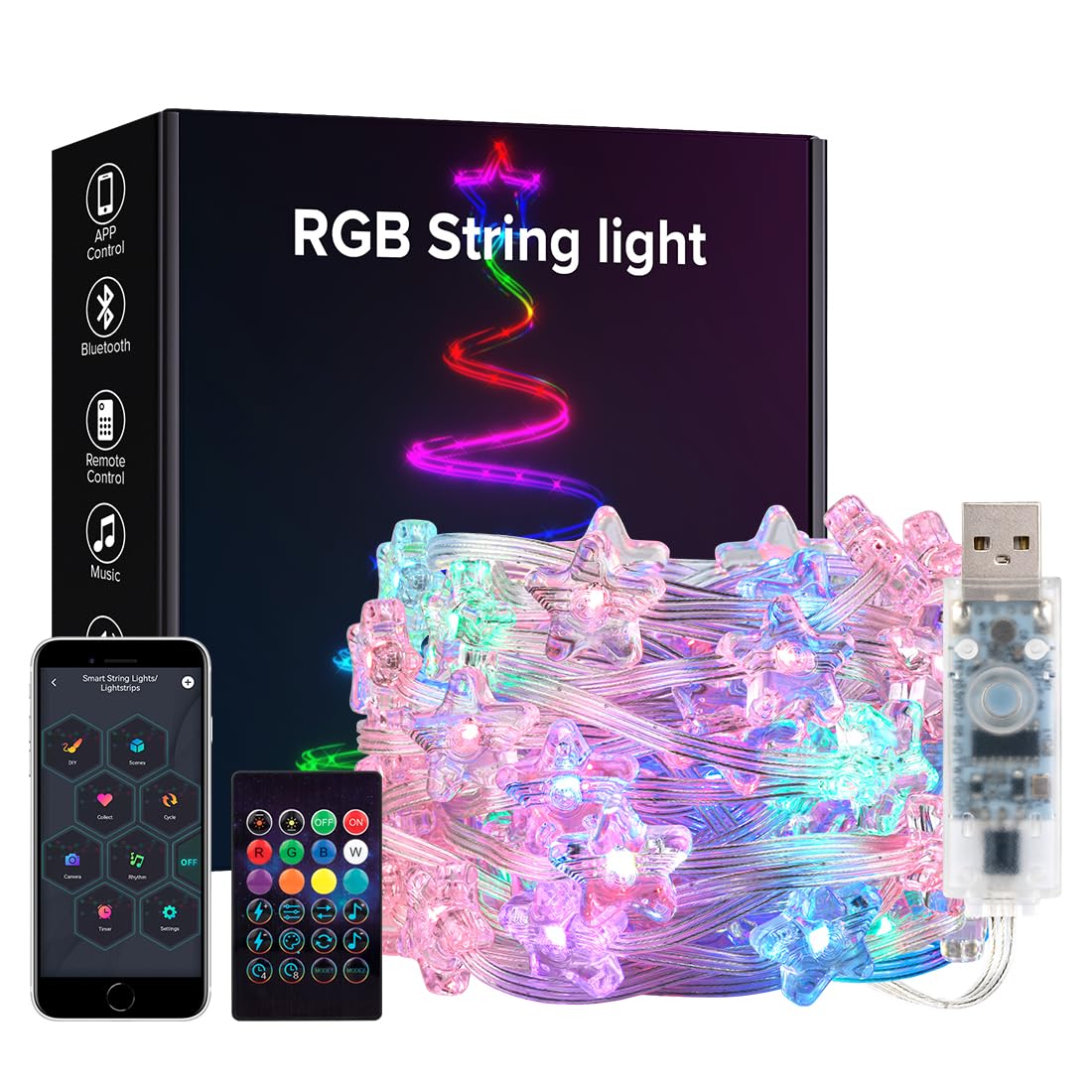 BTF-LIGHTING RGB IC Intelligent String Lights 5M 33LEDs Transparent Cable Transparent Star USB LED Light IP65 Waterproof with IR Remote Control Music Mode Timer Tracking Effect for Home Decoration