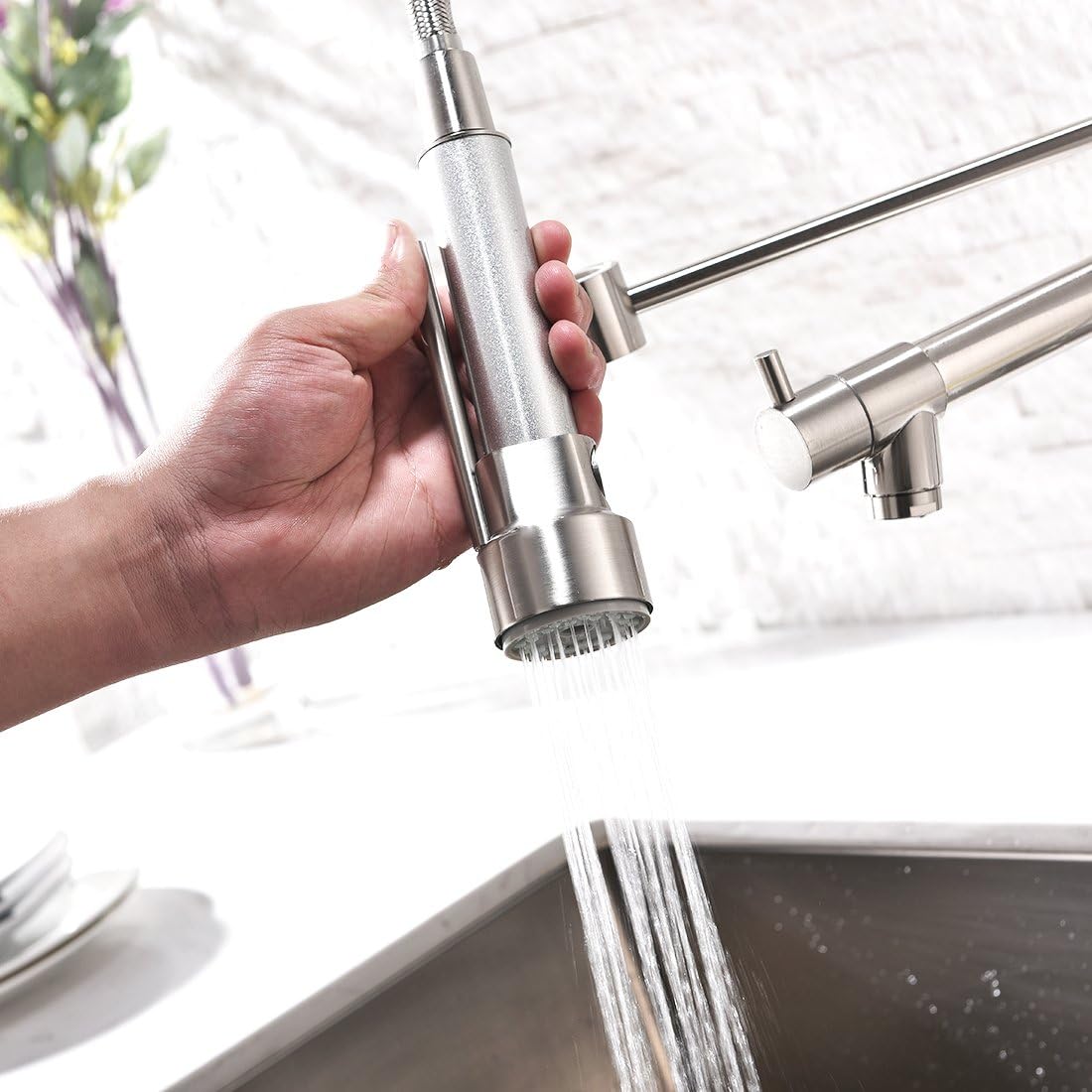 Aimadi Contemporary Kitchen Sink Faucet, Single Handle Stainless Steel Kitchen Faucets with Pull Down Sprayer, Brushed Nickel - - 