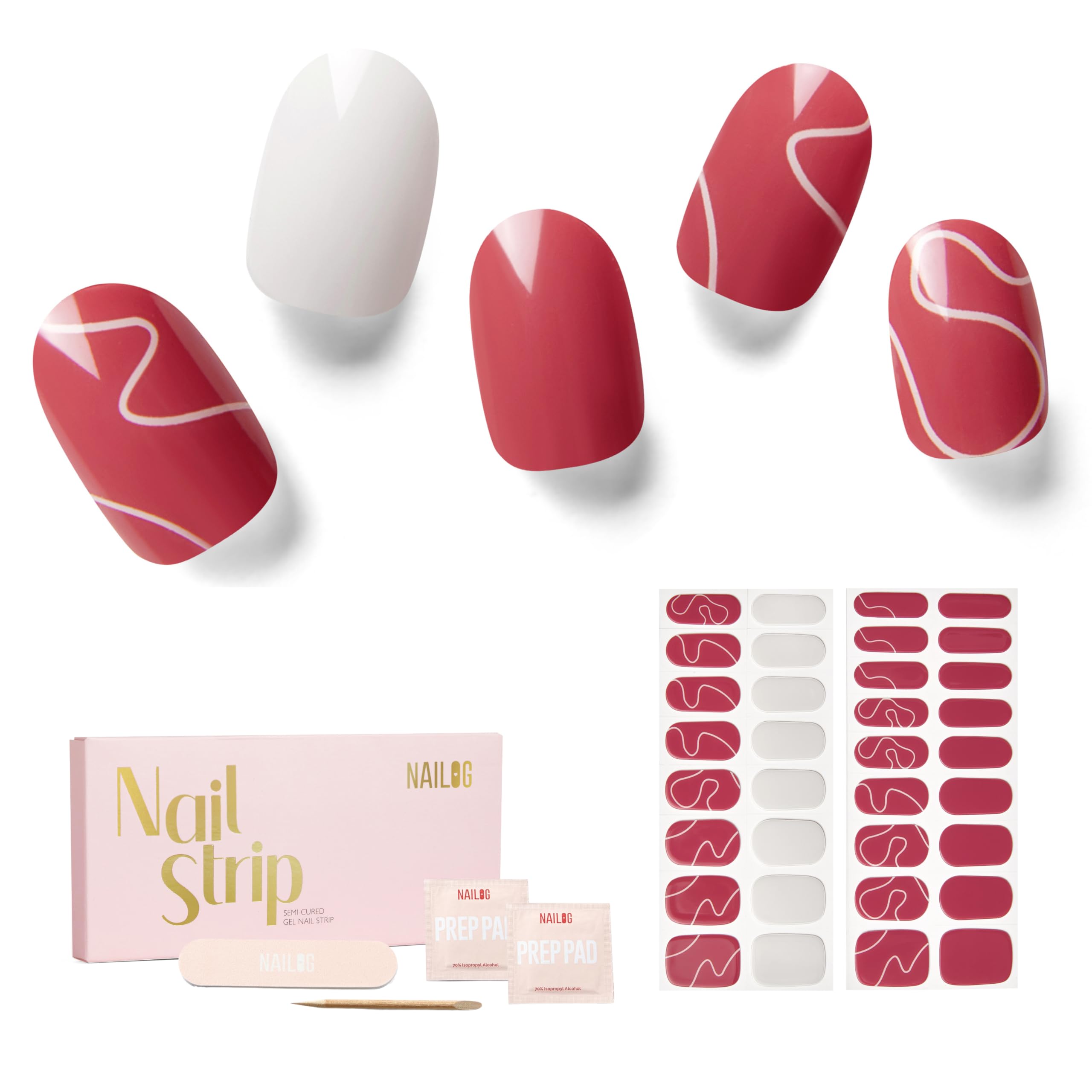 NAILOG Semi Cured Gel Strips, 34 pcs Salon-Quality Stickers, Long Lasting Wraps for Women With Soft Gel Finish, Vintage Print & Silver Glitter (Red Dune)