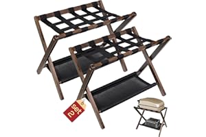 BETSEO Luggage Rack for Guest Room, Folding Suitcase Stand for Guest Room with Storage Shelf for Hotel/Guest/Bedrooms, Heavy-Duty Holds up to 130Lbs, Upgraded Suitcase with 7 Nylon Straps with A Grid Pattern (Walnut Color - Pack of 2)