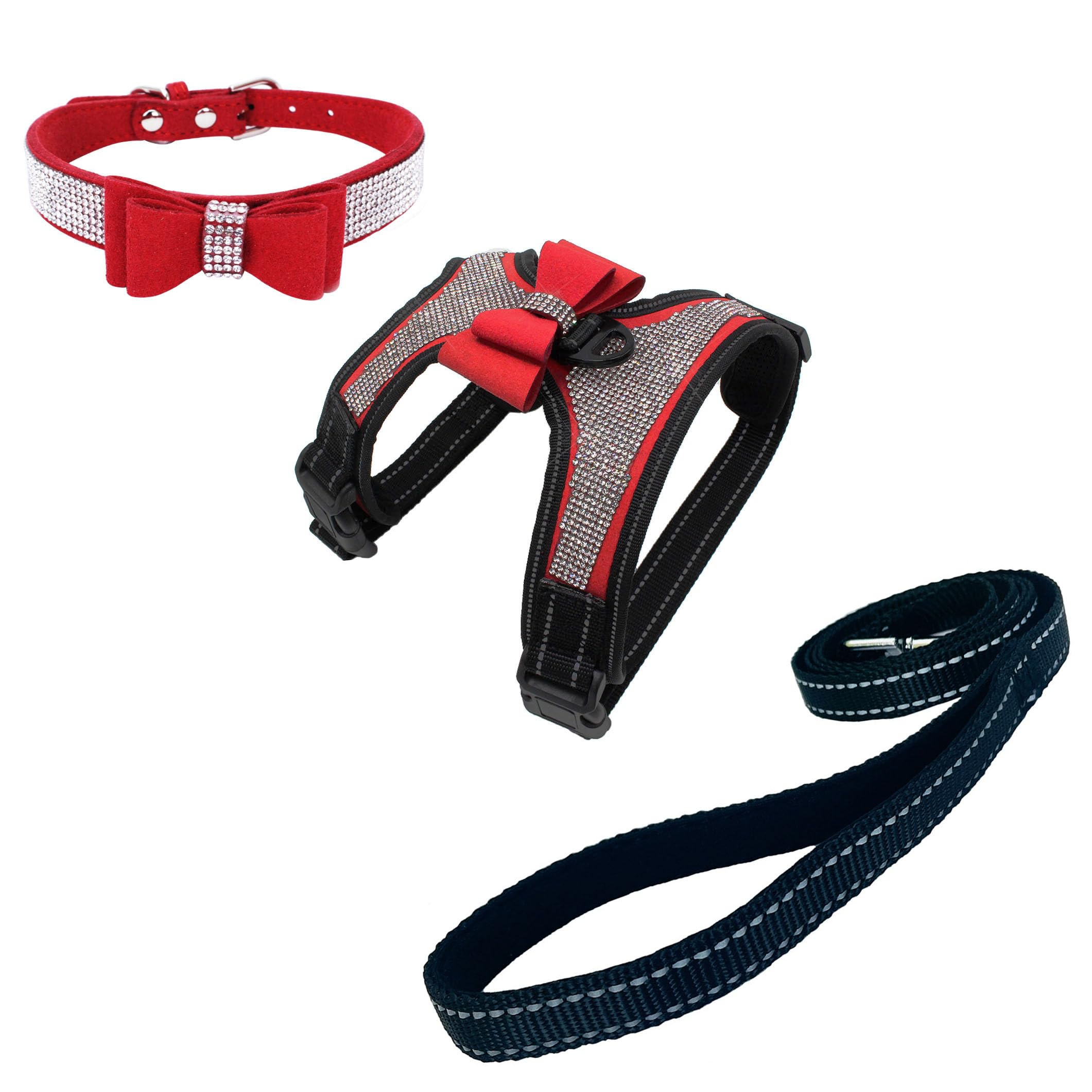 Newtensina 3pcs Bow Ties Bling Cute Dog Harness and Dog Collar with Lead for Dog - Red - M