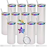 YOUKE OLA 12 Pack Rainbow Plated Stainless Steel Tumbler Straight Double Wall Powder Coated for Laser Engrave, 20oz White to Iridescent