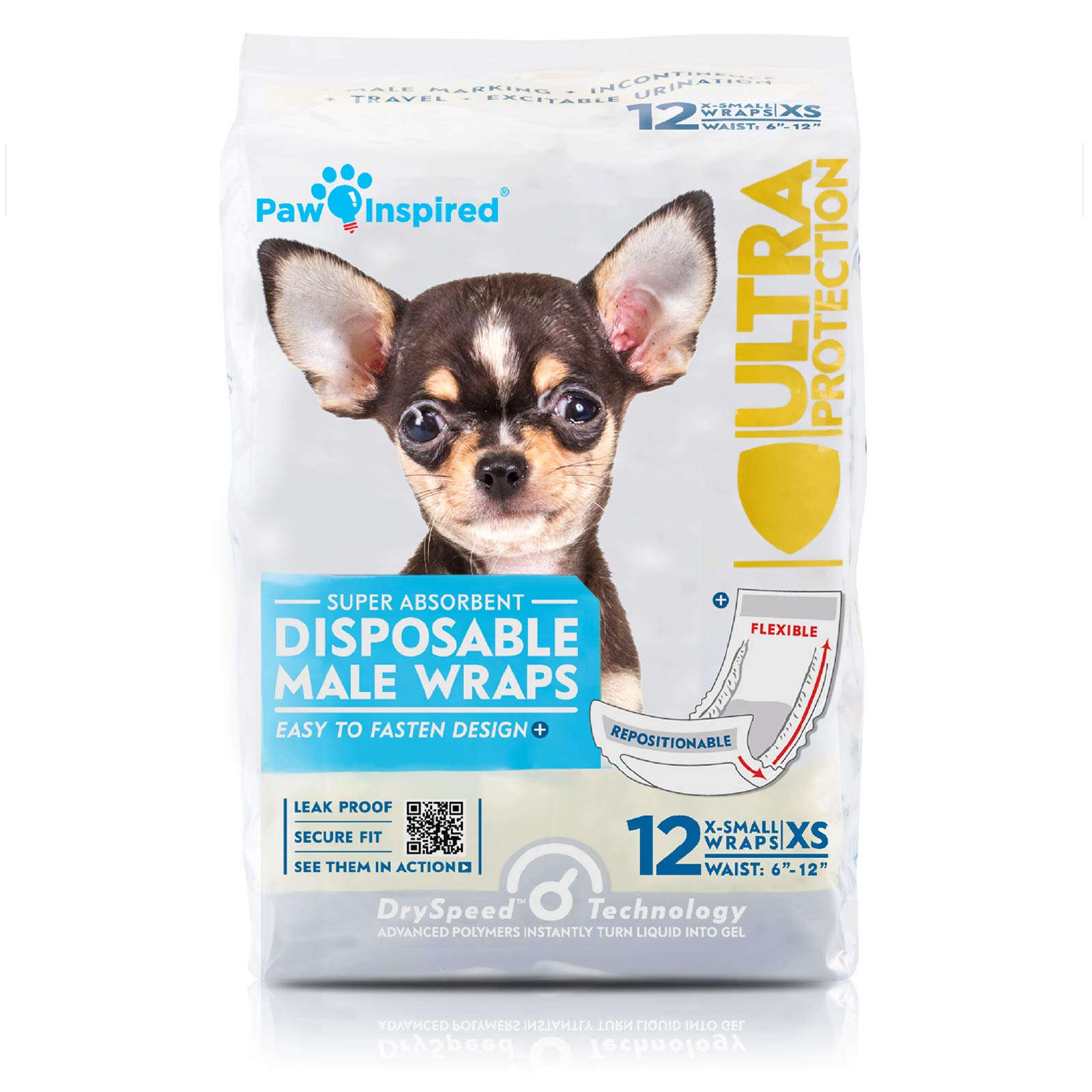 Photo 1 of Paw Inspired Disposable Male Dog Wraps, Belly Band for Dogs | Disposable Dog Diapers | Belly Bands for Male Dogs (12 Count, X-Small)