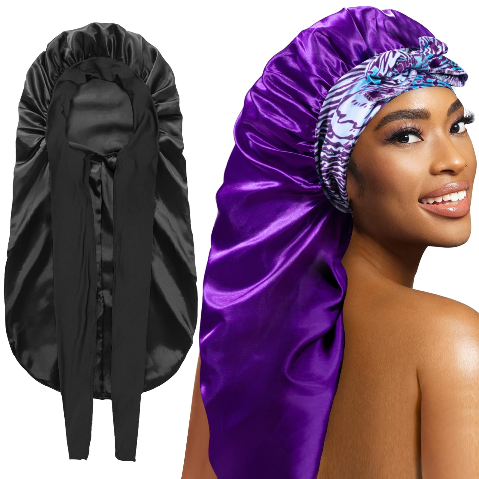 Photo 1 of 2Pcs Bonnets for Women Sleeping Braid Bonnet, Large Long Satin Silk Bonnet for Braids, Black Women Braid Bonnets with Stretchy Tie Band for Sleeping Extra Long (Black & Purple Pattern)