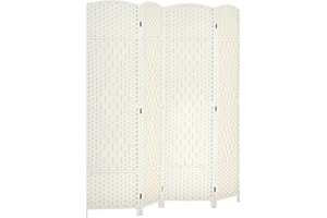 HOMCOM 4 Panel Room Divider, 6' Tall Folding Privacy Screen, Hand-Woven Freestanding Wall Partition for Home Office, Bedroom, White