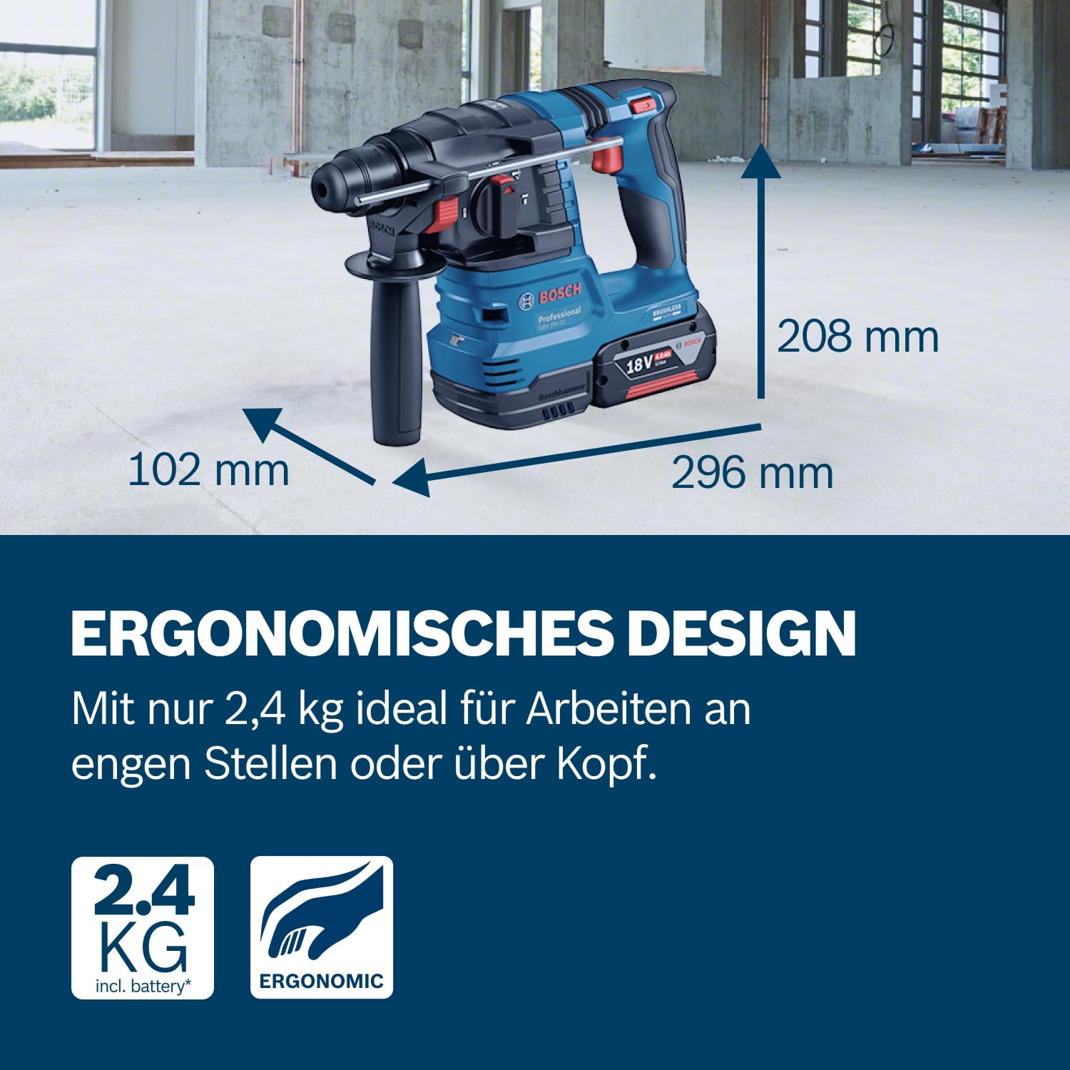 Bosch Professional 18V System Akku-Bohrhammer GBH 18V-22 (mit SDS plus, ideal zum Bohren von 6- bis 10-mm-Löchern, KickBack Control und Vibration Control, in L-BOXX)