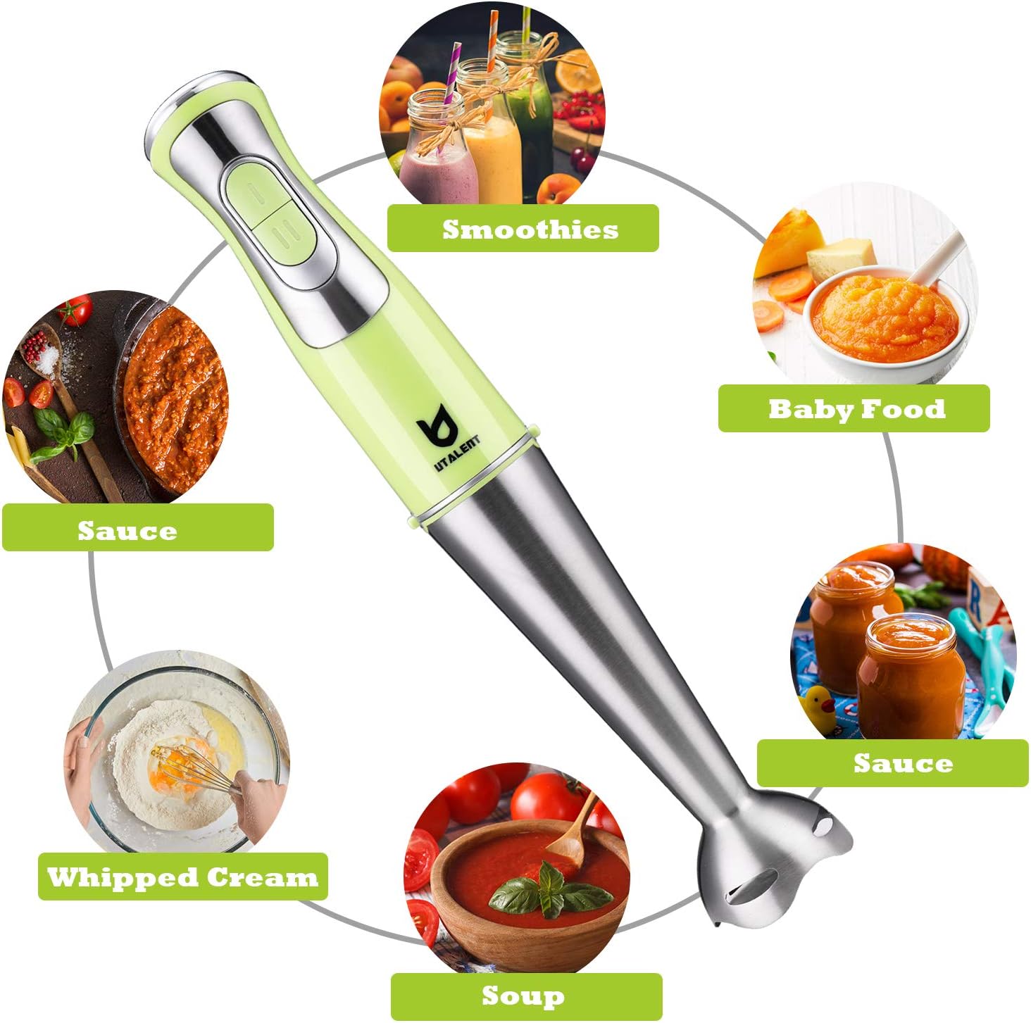 Immersion Hand Blender, Utalent 5-in-1 8-Speed Stick Blender with 500ml Food Grinder, BPA-Free, 600ml Container, Milk Frother, Egg Whisk, Puree Infant Food, Smoothies, Sauces and Soups - Green: Kitchen & Dining