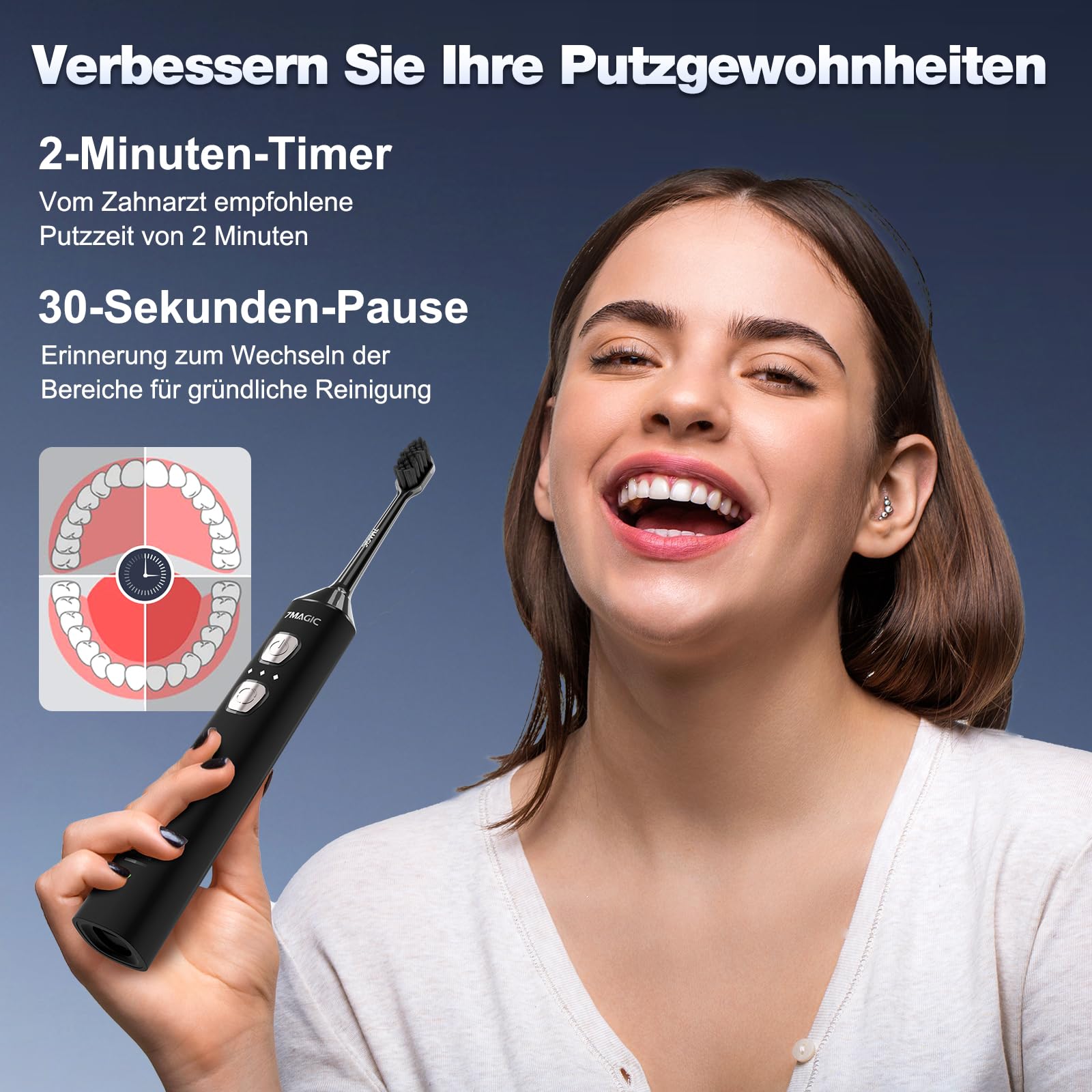 Elektrische Zahnbürste, Schallzahnbürste, Leise Zahnbürste Elektrisch Mit 3 Intensitäten 5 Modi, 40000VPM, IPX7, Zahnbürste Mit 180 Tagen Akkulaufzeit Und Timer, Schwarz 5