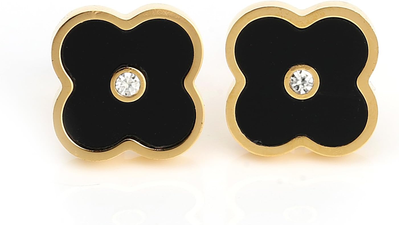 Stylish Designer Earrings in Gold or Silver (White Gold) Tones with Contemporary Screw, Clover and Dangling Bar Design with/without Faux Onyx, Mother of Pearl Inlay or Swarovski Style Crystals