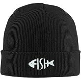 famliihw Fish Embroidery Beanie Hat Winter Warm Knit Cuffed Skull Cap for Women Men