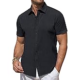 DEMEANOR Linen Shirts for Men Short Sleeve Button Down Shirts Summer Beach Casual Linen Button Up Shirt Vacation Wedding