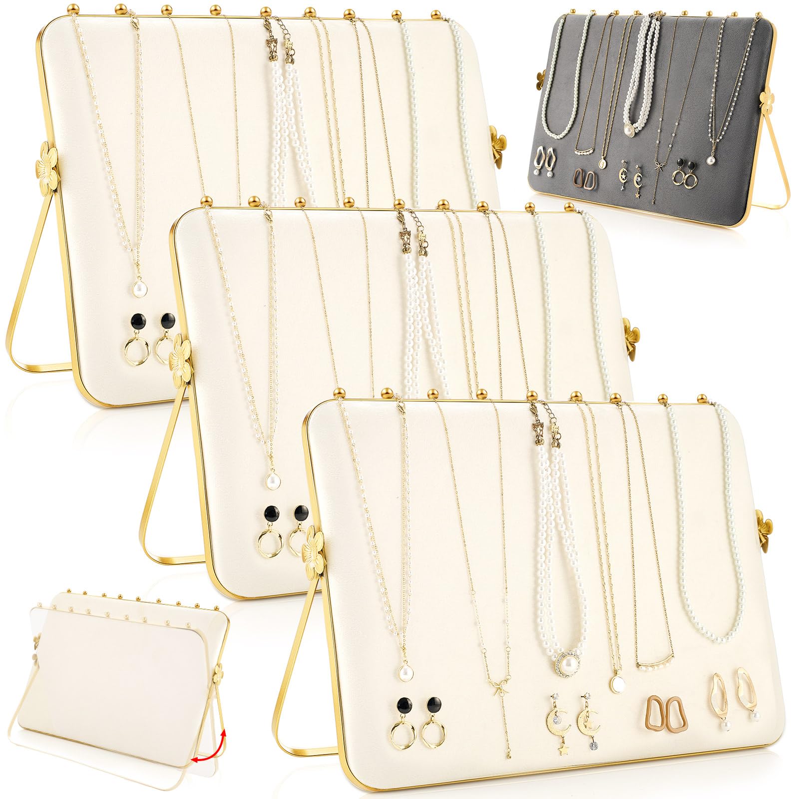 Photo 1 of Colingmill 3 Pack Necklace Display Stand for Selling Double-sided Velvet Necklace Organizer Large Metal Chain Holder Stand Beige Grey Chain Jewelry Display for Vendor Craft Show Exhibidores