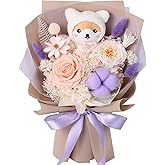 Forever Flowers Bouquet with Cute Doll - Preserved Flowers for Delivery, Real Eternal Roses Bouquet, Anniversary Birthday Valentine Gifts for Women Men Mom Grandma Her Wife Girlfriend