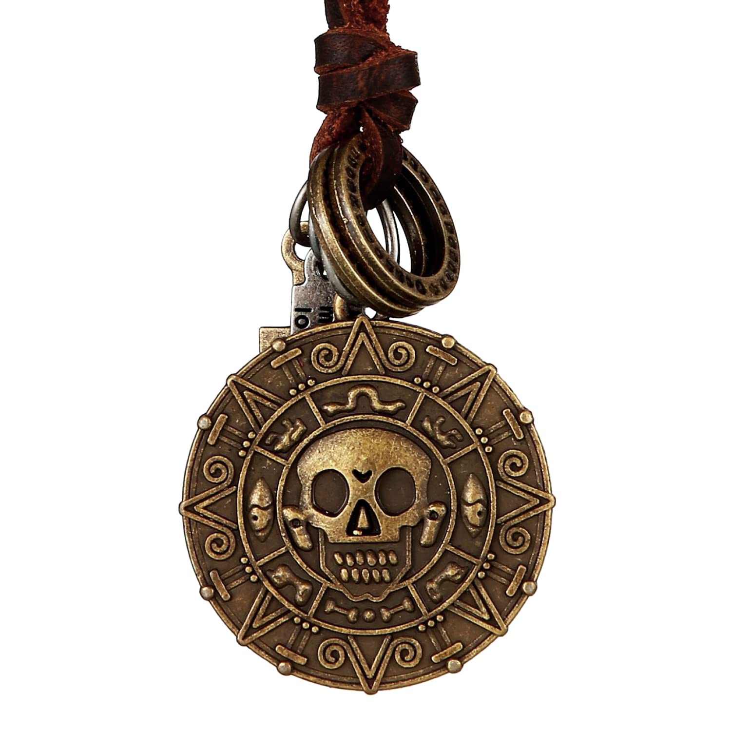 DonDon® Men's brown leather necklace with brass skull pendant and velvet pouch