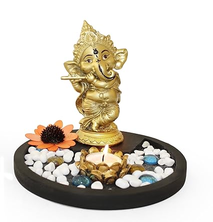 Tied Ribbons Golden Ganesha Playing Bansuri Ganesh Idol for Gift