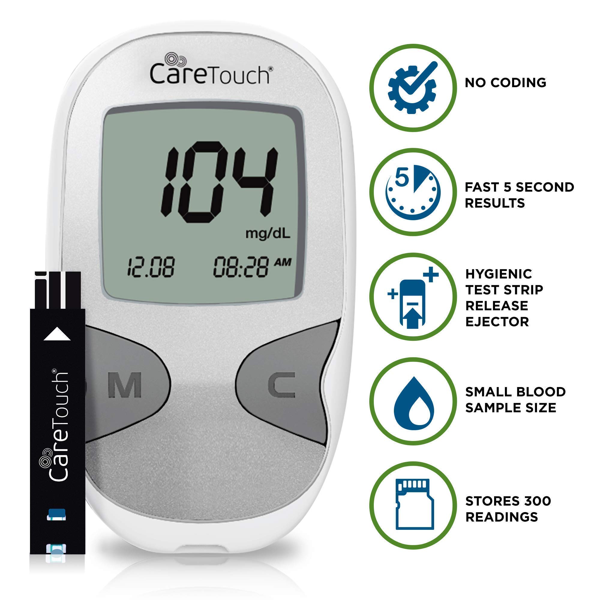 Care Touch Blood Glucose Monitor Kit-Diabetes Testing Kit w/1 Glucometer 100 Caretouch Blood Glucose Test Strips 1 Lancing Device 100 Lancets & Travel Case-Blood Glucose Monitors, Blood Sugar Test Kit