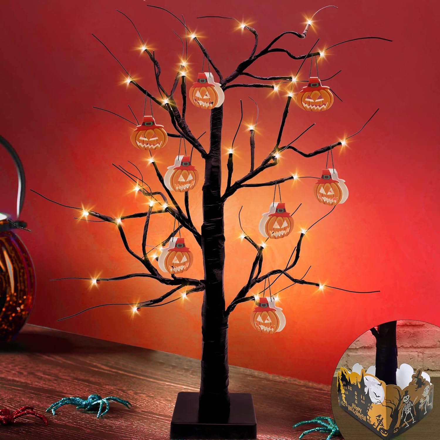 Trees - SURCVIO 2 FT Halloween Black Spooky Tree Decorations with 36 Orange LED Lights and 8 Pumpkin Ornaments, Battery Operated and Can be Timed, Halloween Black Birch Tree Decor for Home Indoor