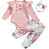 Aimaopao Baby Girls Clothes Ribbed Romper Bodysuit Pants Headband Set Fall Winter Outfits
