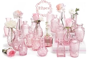 BEAHOT 22 Pack Pink Flower Vase in Bulk,Mini Vintage Glass Bud Vases for Centerpieces,Wedding Decor,Party & Home Decaration,Mother's Day (Pink)