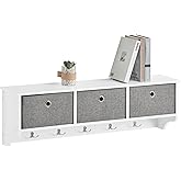 SoBuy Wall Mounted Coat Rack with Hooks and Storage Baskets, Entryway Organizer Shelf with 5 Metal Hooks and 3 Foldable Bins,