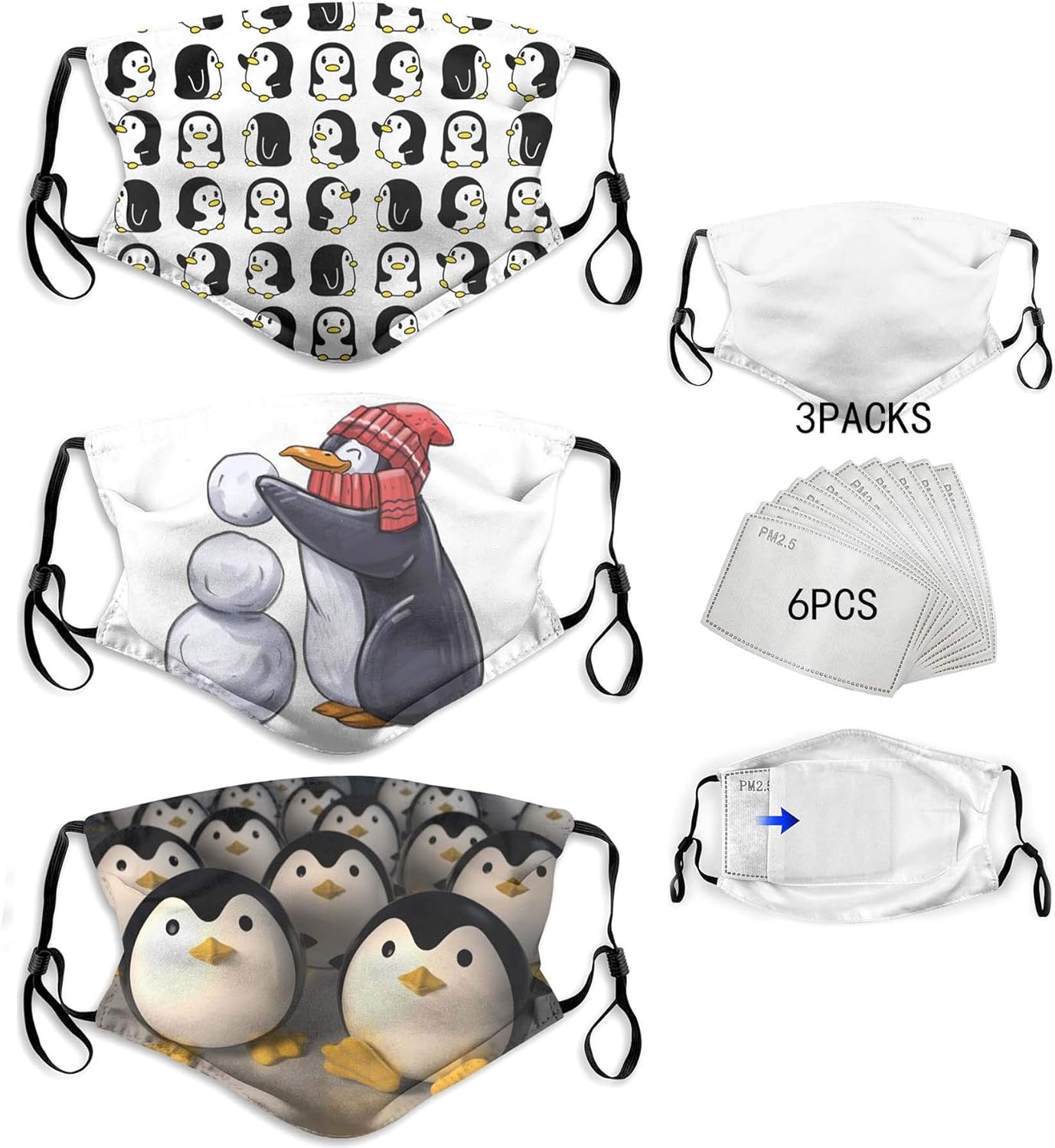 Cartoon Funny Penguins Face Mask 3 Pack With 6 Pcs Filters Washable Face Reusable Masks Men