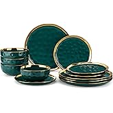 LOVECASA 12 Pieces Plates and Bowls Sets, Porcelain Green and Gold Dinnerware Sets, Round Dinner Plates Dishes Set Service for 4, Dishwasher Safe and Scratch Resistant, Green