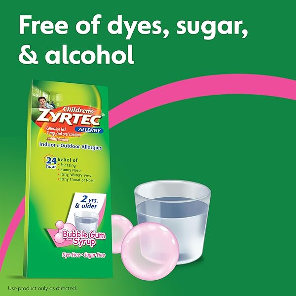 ZYRTEC CHILDREN’S 24 HOUR ALLERGY RELIEF SYRUP, 5 MG CETIRIZINE HCL ANTIHISTAMINE, KIDS ALLERGY MEDICINE FOR INDOOR & OUTDOOR ALLERGY RELIEF, DYE-FREE & SUGAR-FREE, BUBBLE GUM, 4 FL. OZ