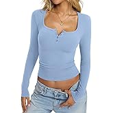 EasyGala Womens Cotton Long Sleeve Henley Shirts Sexy Square Neck Tops Slim Fit T-Shirt Trendy Outfits Fall Clothes 2026