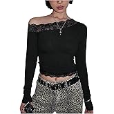 MakeMeChic Women's Floral Lace Trim Crop Tops Long Sleeve Asymmetrical Fall Y2K Going Out Tee Shirts