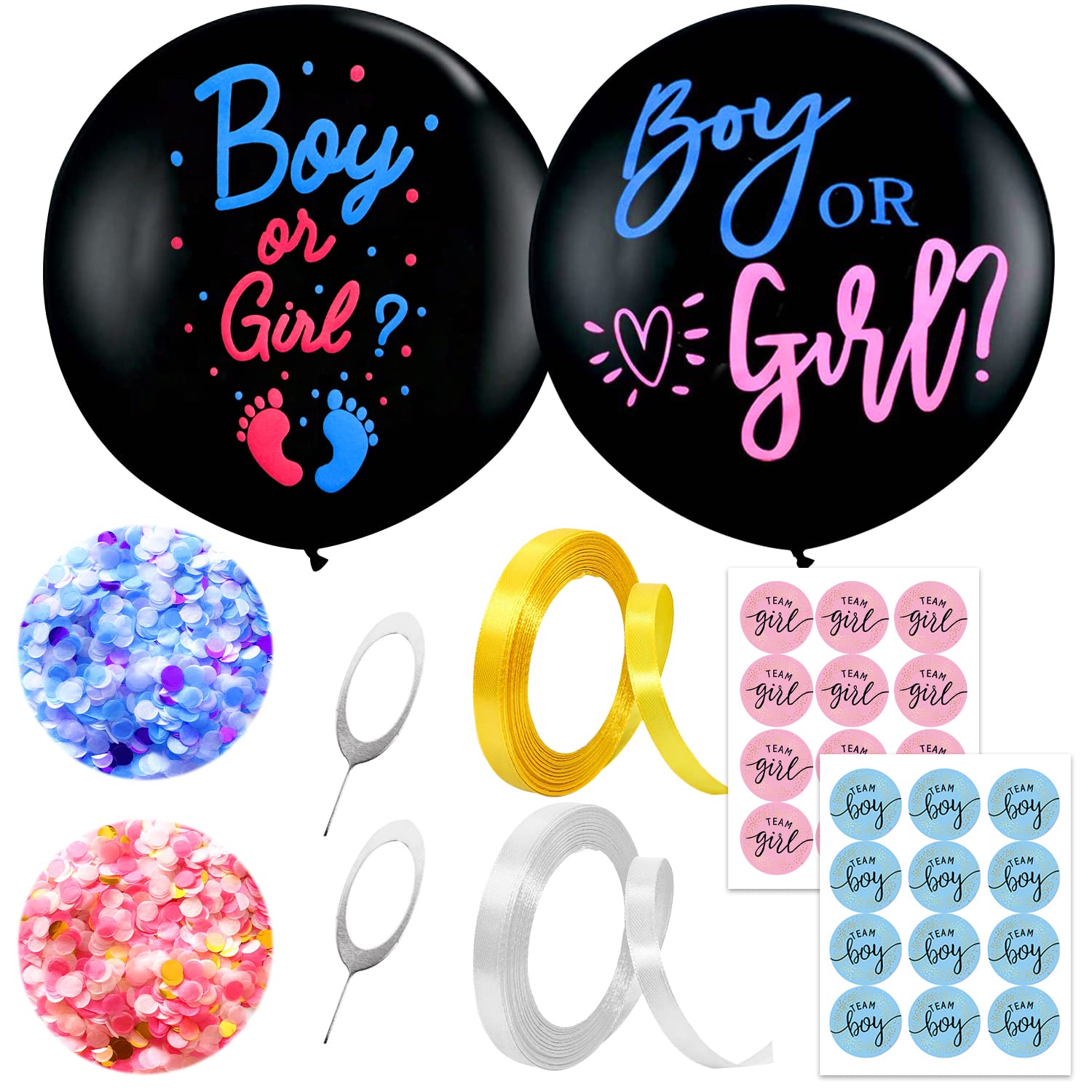 MUEEAD 2 Gender Reveal Balloons w/ Confetti, Pins, Gender Stickers & Ribbon, 36 Inch Boy or Girl Surprise Balloons, Party Decoration, Suitable gender announcements, baby showers, Blue,gold,pink,white