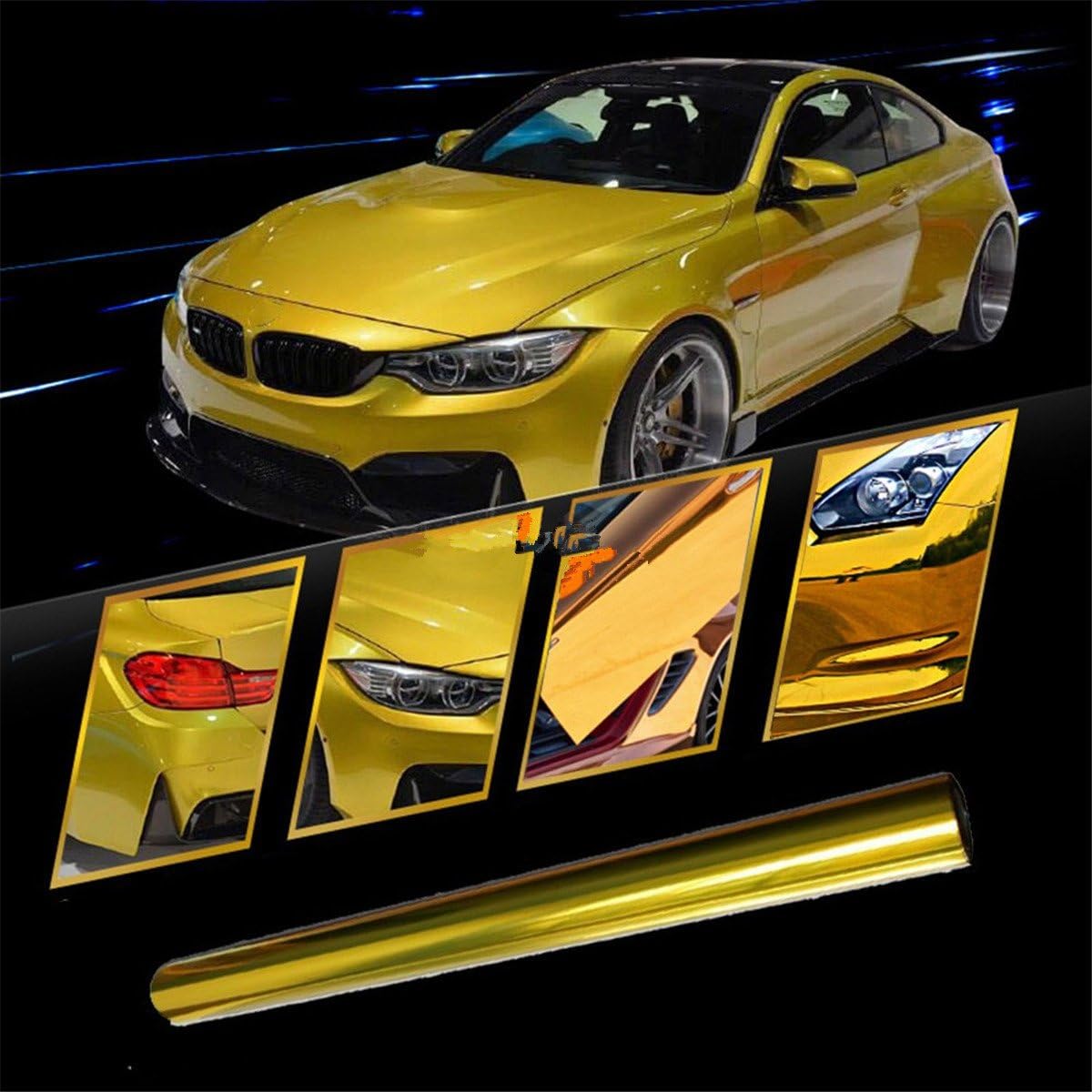 Fochutech 20"x60" Chrome Plating Mirror Gloosy Vehicle Car DIY Wrap Sticker Sheet Film Decal Roll with Air Release 50152cm (Golden)
