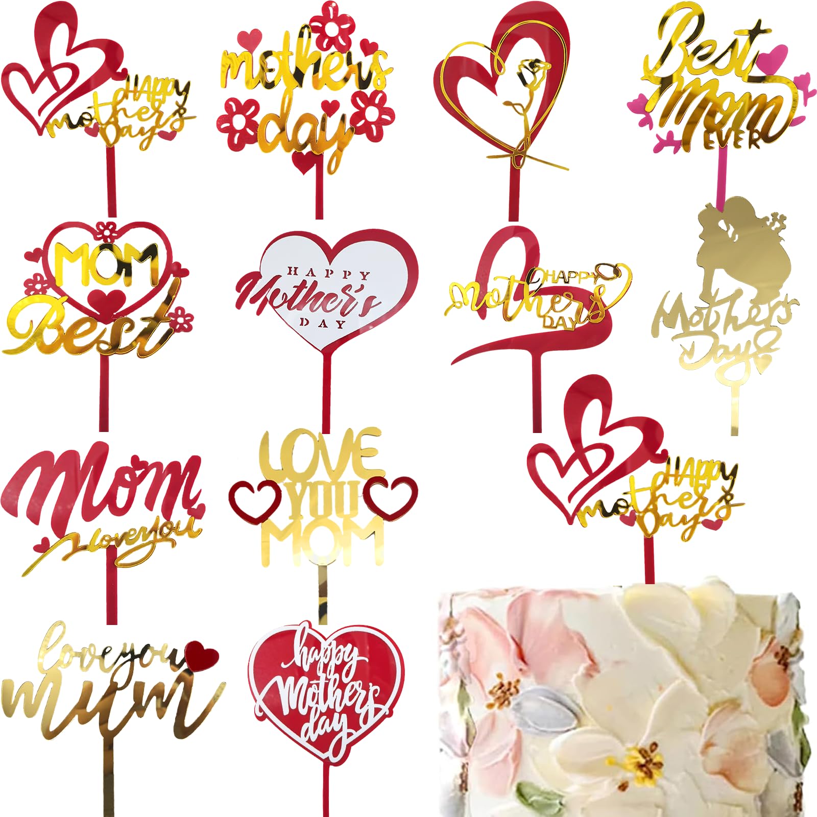 Photo 1 of 12Style Happy Mother's Day Cake Topper Acrylic Gold Cake Topper Mothers Day Cupcake Topper Red Heart Rose Flower Best Mom Shaped Cake Picks Cake Accessories for Birthday Mother's Day Gifts Cake Decor