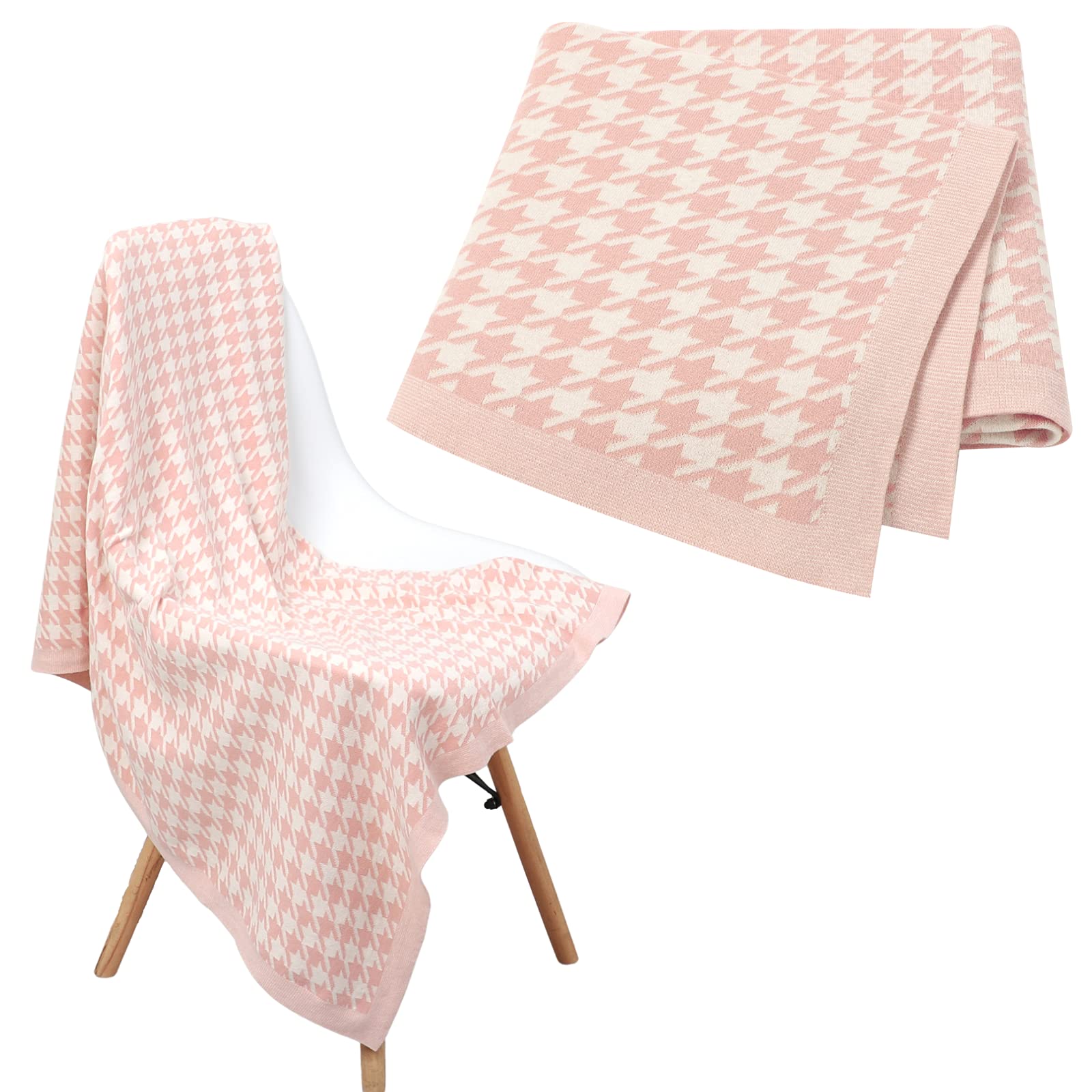 LAWKUL Baby Blanket Knitted 100% Cotton Soft Receiving Blankets for Newborn Boy Girls Unisex Houndstooth 100x80cm Pink